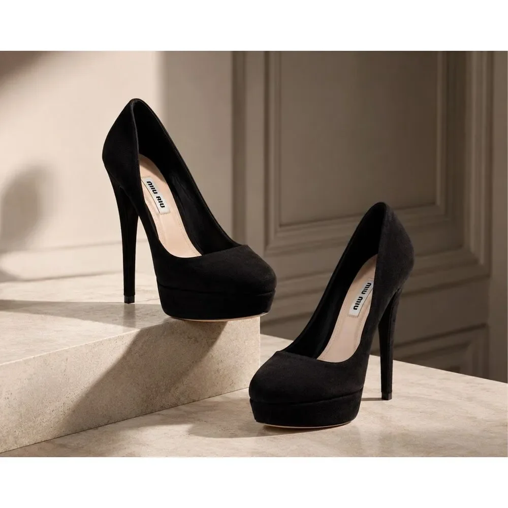 Miu Miu Black Suede Platform Pumps Sky High Stiletto Heels Luxury Designer Shoes